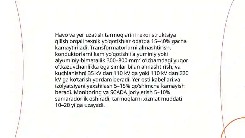 Elektr tarmoqlarida elektr energiyasini yoʻqotishlarni kamaytirish boʻyicha chora tadbir 3