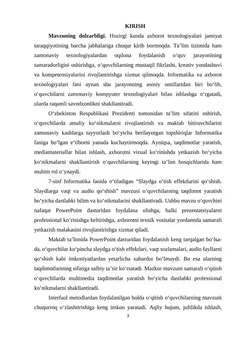 Umumiy oʻrta taʼlim maktablarining 7-sinfida Informatika va AT fanidan “Slaydga o‘tish effektlarini qo‘shish. Slaydlarga vaqt va audio qo‘shish” mavzusini o‘qitishda interfaol metodlardan foydalanish 3
