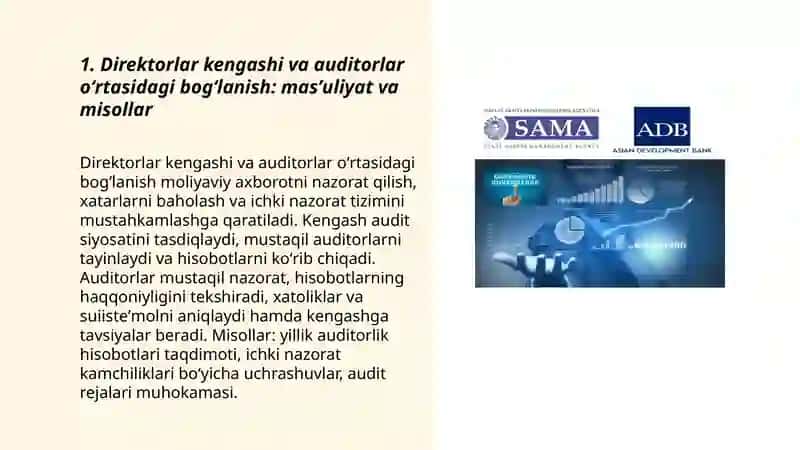 Korporativ boshqaruv va audit oʻrtasidagi bogʻlanishni misollar bilan izohlash 3