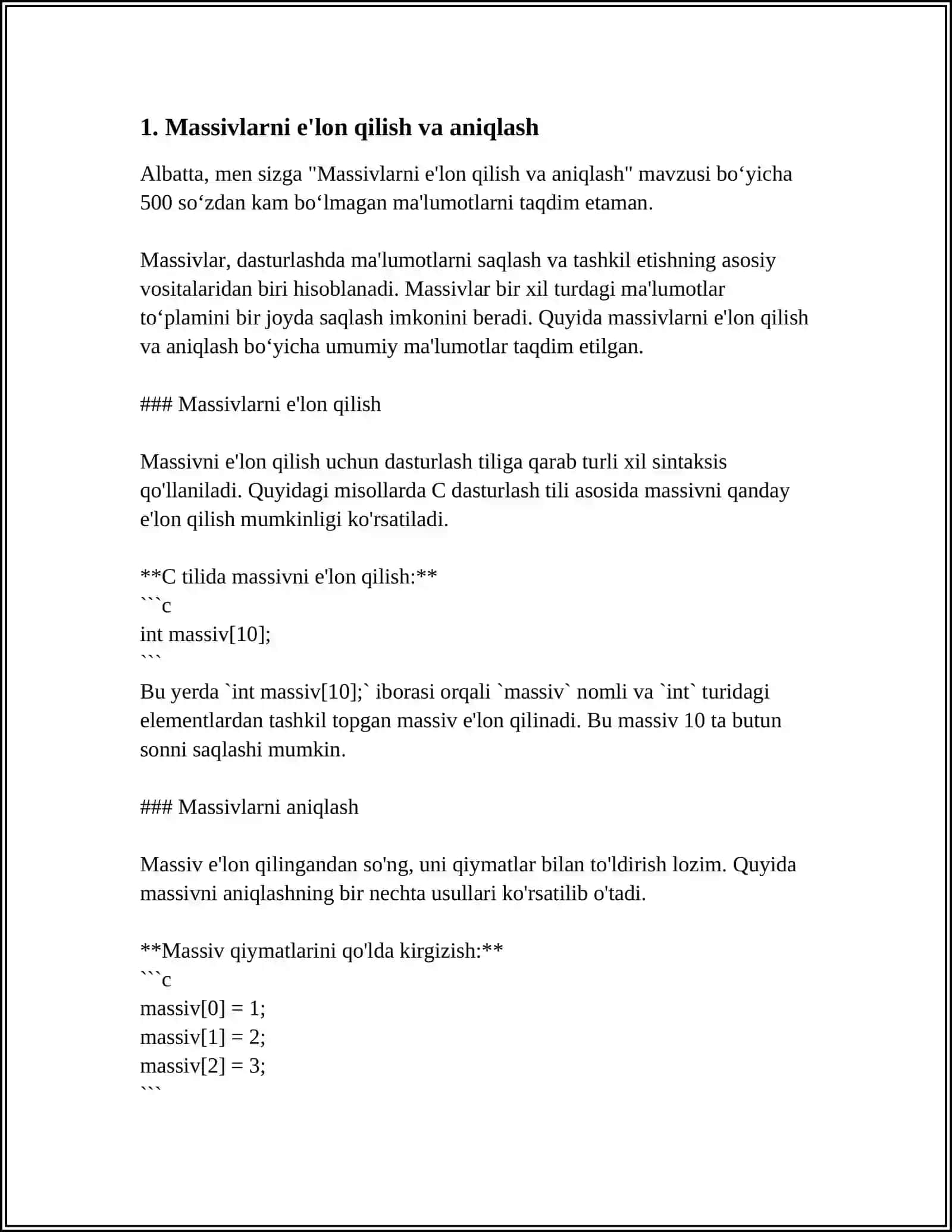 MASSIVLAR. MASSIVLARNI ISHLATISH QOIDALARI 3