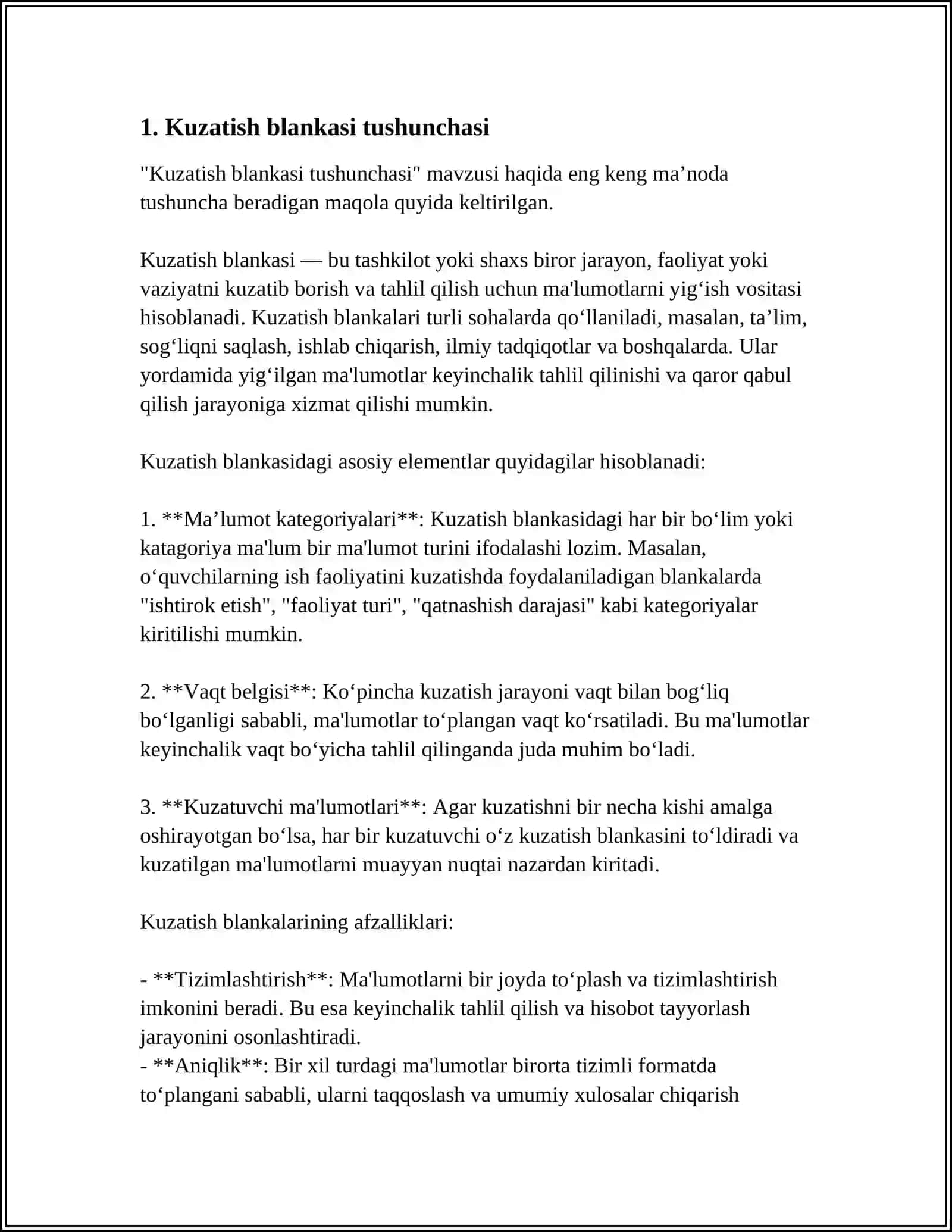 MUSTAQIL ISH Mavzu: KUZATISH BLANKASI VA KARTOCHKALAR TUZISH 3
