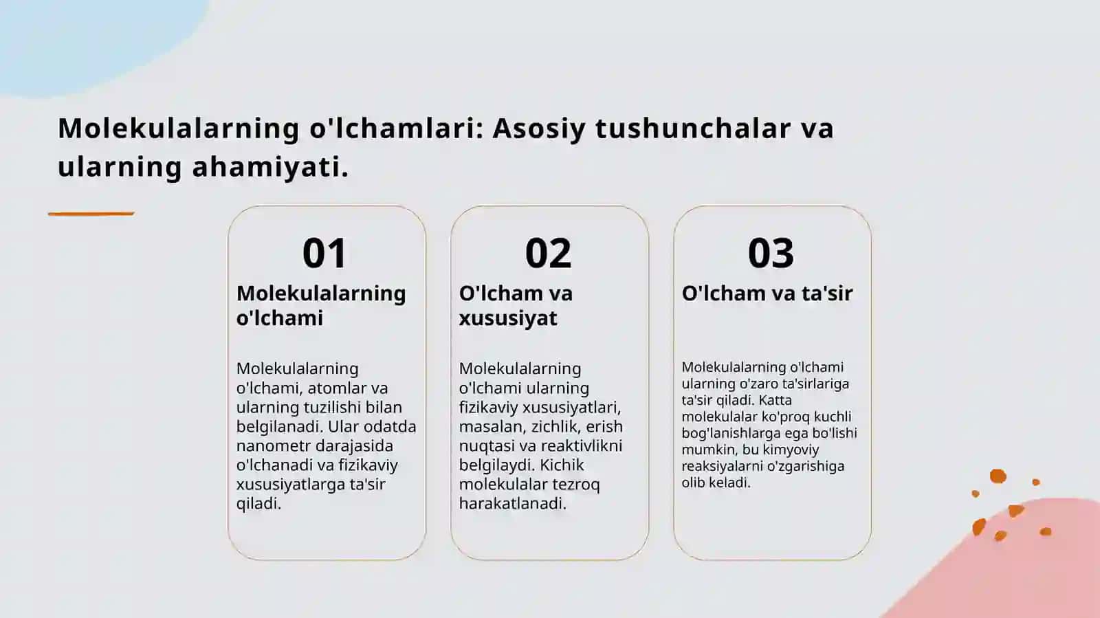 Molekulalar va ularning oʻlchamlari. Molekulalarning oʻzaro taʼsiri .Broun harakati mavzusida tayyor slaydi. 3