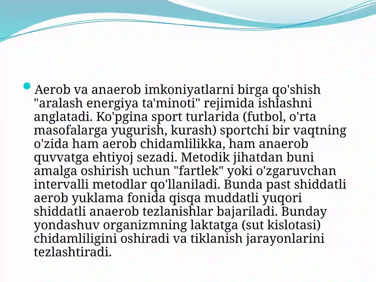 AEROB VA ANAEROB IMKONIYATLARNI OSHIRISHGA QARATILGAN TA'SIRLARNI BIRGA QO'SHISH. NAFAS OLISH VA CHIDAMLILIK. MAXSUS CHIDAMLILIKNI BAZI BIR TURLARINI TARBIYALASH METODIKASINING XUSUSIYATLARI 3