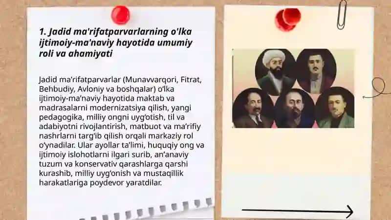 Jadid ma'rifatparvarlarining o'lka ijtimoiy- ma'naviy hayotida tutgan o'rni 3