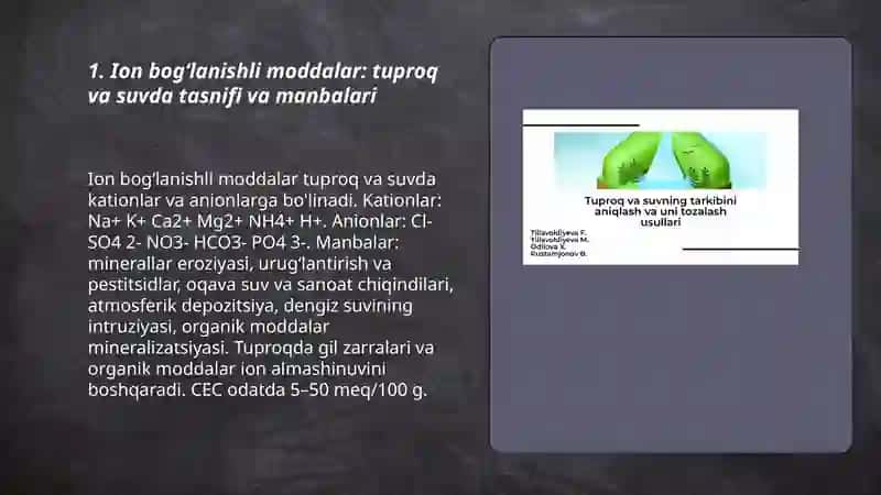 Tuproq va suv tarkibidagi ion bog'lanishli moddalar:Aniqlash va tozalash yechimlari 3