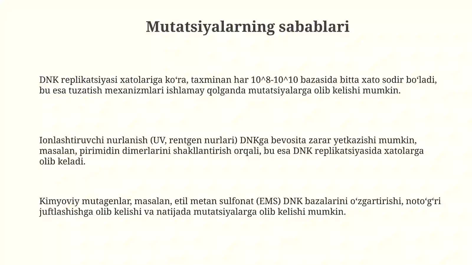 Mutatsiyalar: sabablari, shakllari, ahamiyati vabiologikoqibatlari 3