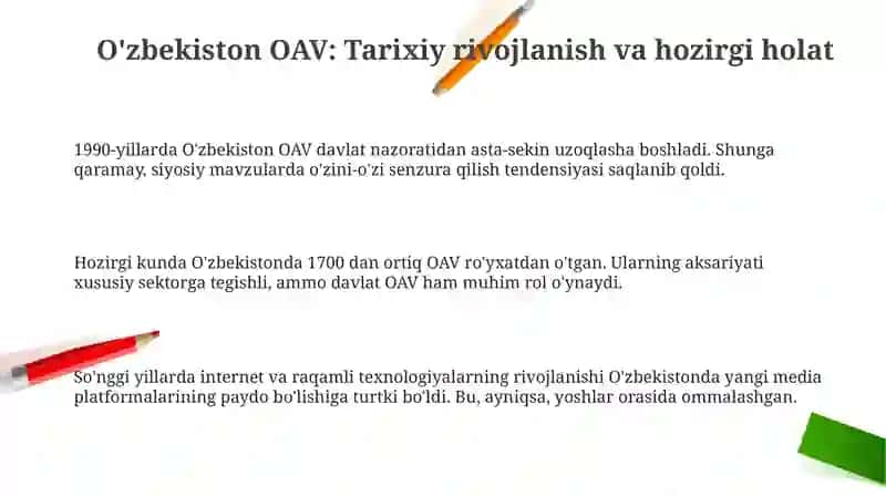 Oʻzbekiston respublikasida ommaviy axborot vositalarining faoliyati oʻzgarishi va momolari 3