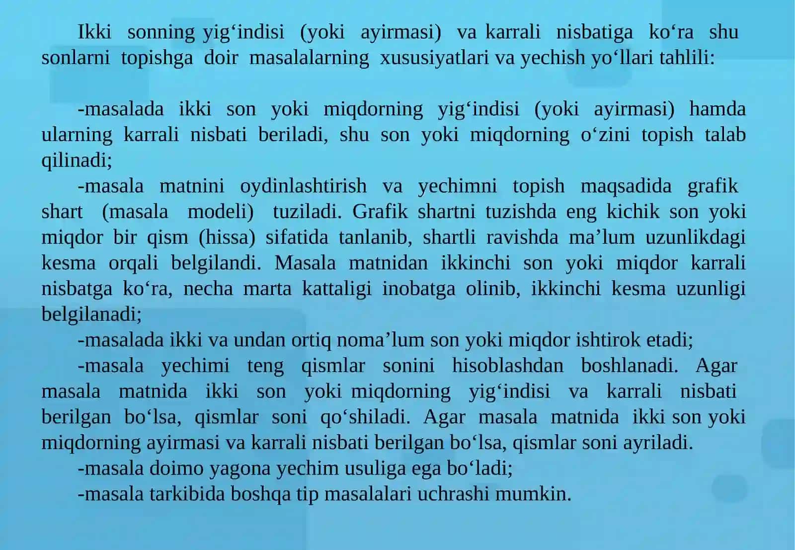 IKKI YOKI BIR NECHA SONNI ULARNING YIG’INDISI (YOKI AYIRMASI) VA KARRALI NISBATIDAN TOPISHGA DOIR MASALALAR 3
