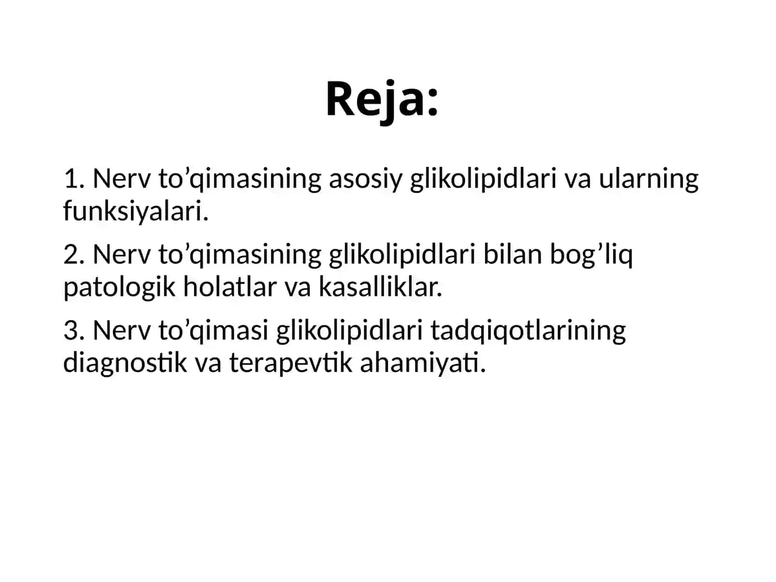 Nerv to'qimasining asosiy glikolipidlari, ahamiyati, ular bilan bog'liq kasalliklar. 3