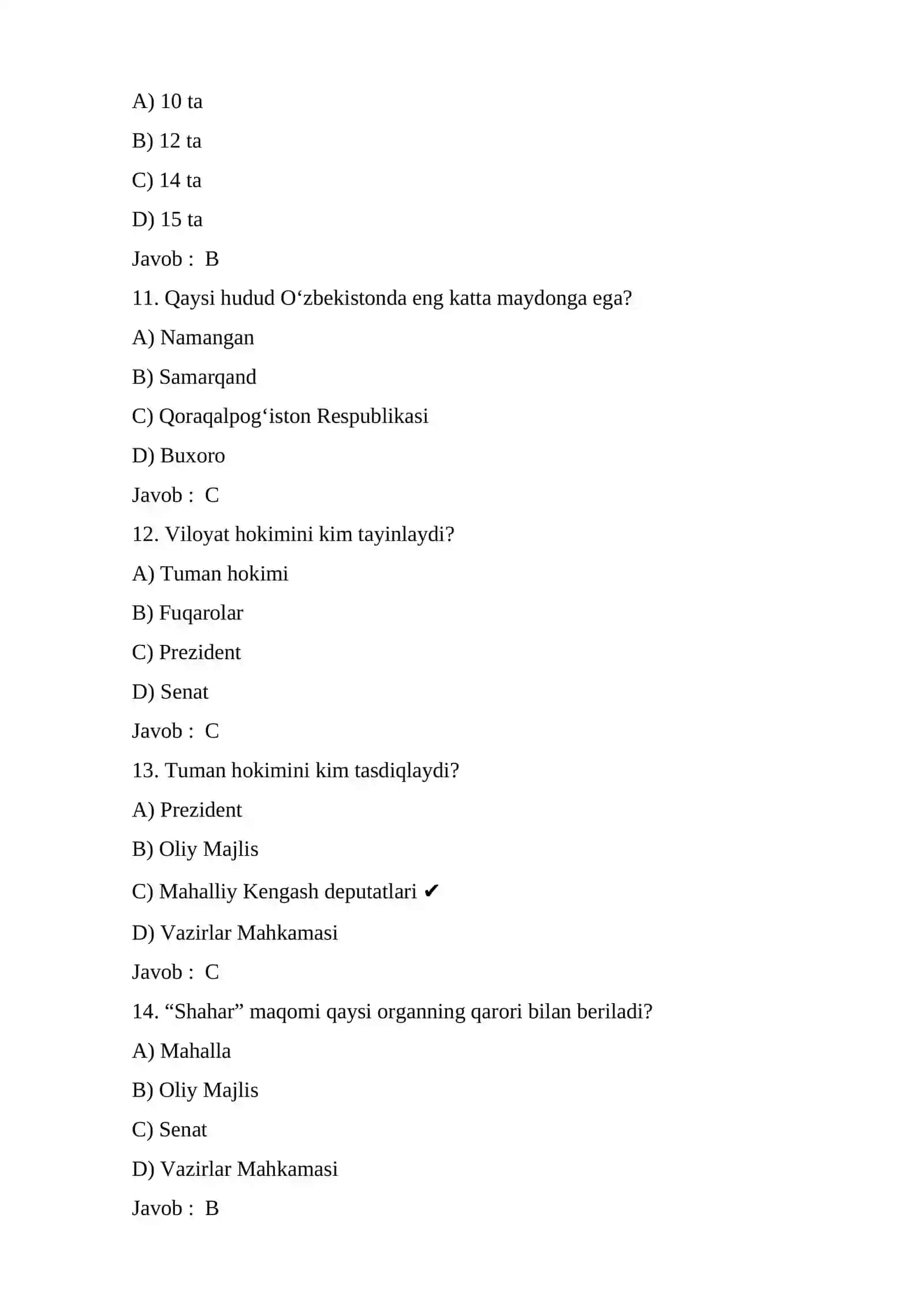 O`zbekiston Respublikasi ma`muriy hududiy tuzulishi bo`yicha test 3