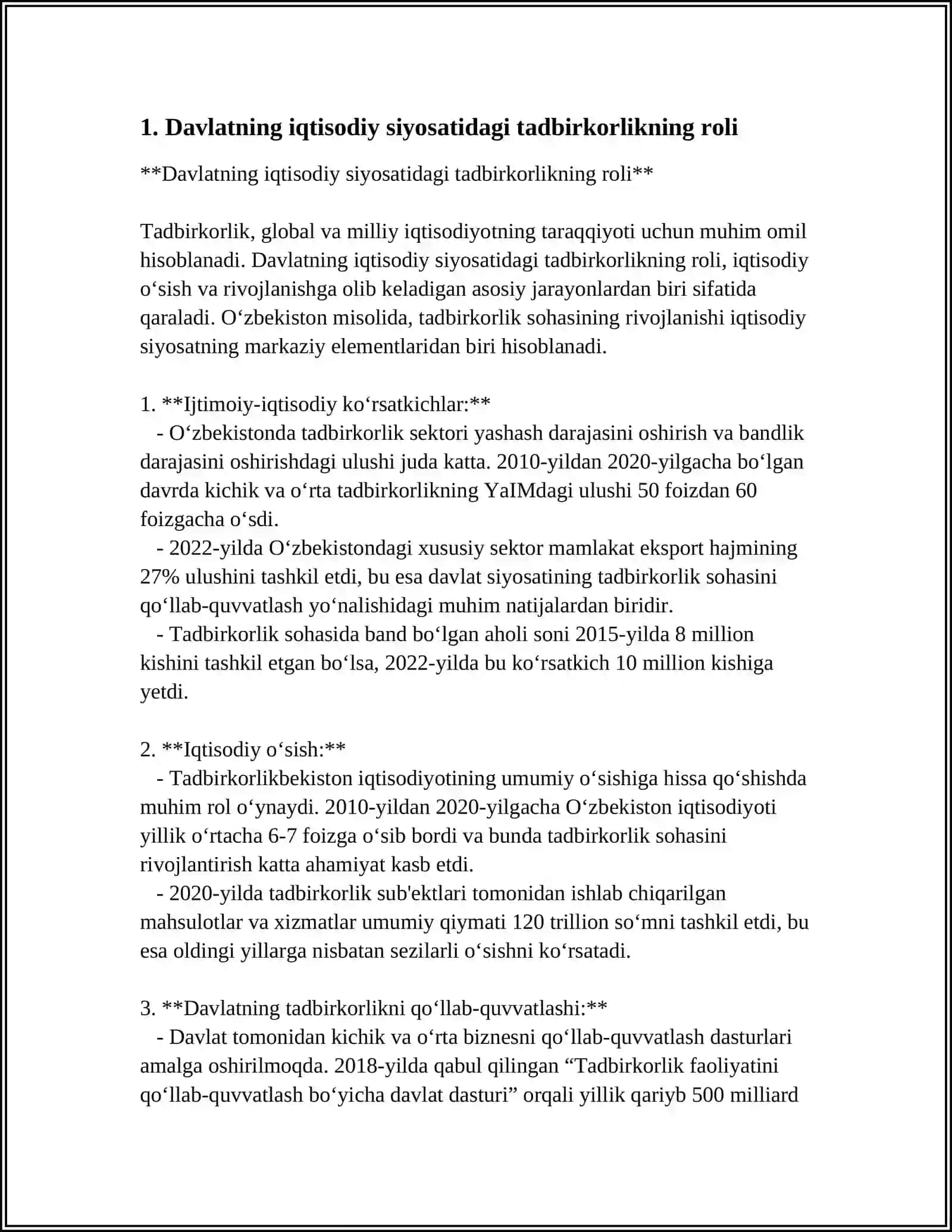 TADBIRKORLIKNI RIVOJLANTIRISH VA QOʻLLAB QUVVATLASHDA DAVLATNING OʻRNI 3