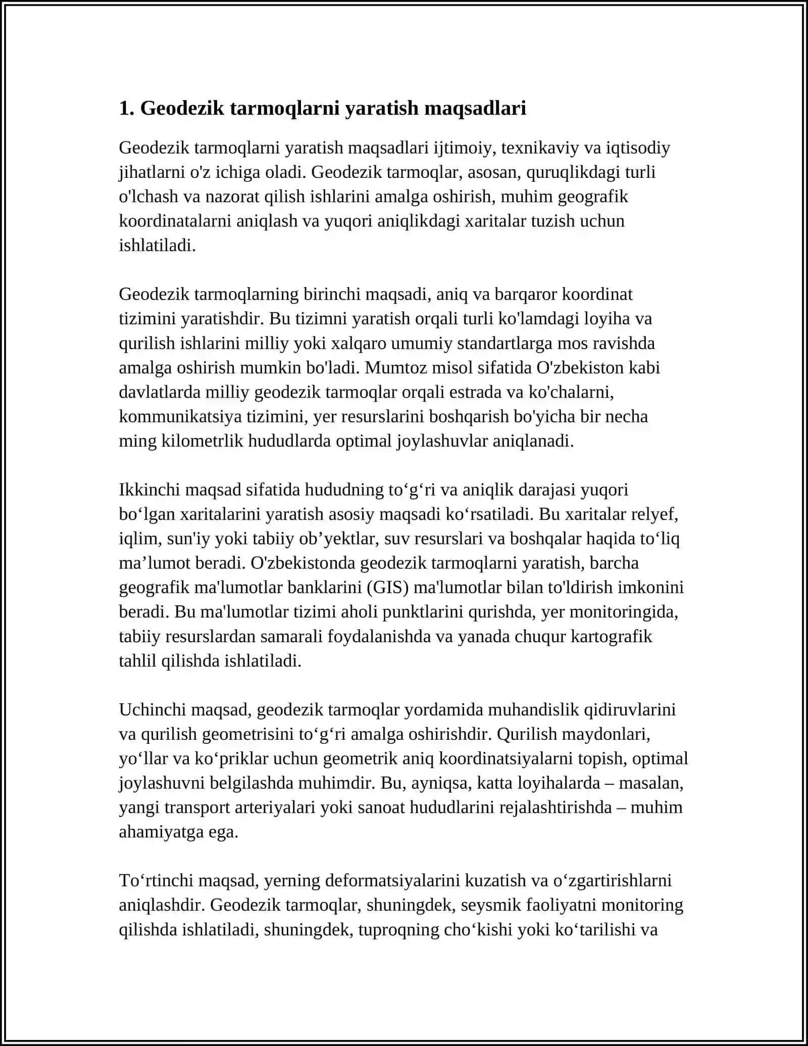 MUSTAQIL ISH Mavzu: DAVLAT GEODEZIK TO‘RINI BARPO ETISHNING ZICHLIGI 3