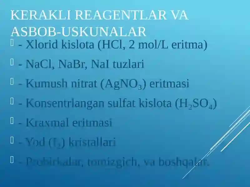 Xlorid kislota va gologenidlar va yod uchun sifat reaksiyalarini o‘rganish 3