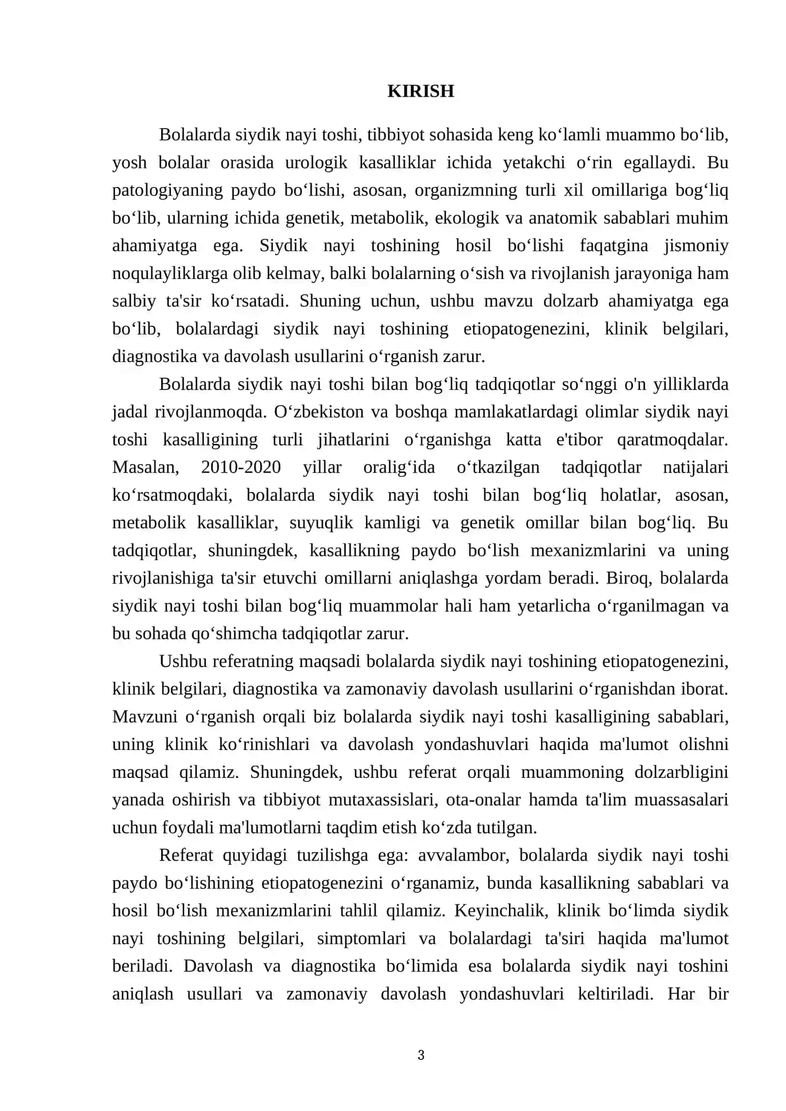 Bolalarda Siydik nayi toshi. Etiopatogenez, klinika, diagnostika va davolash 3