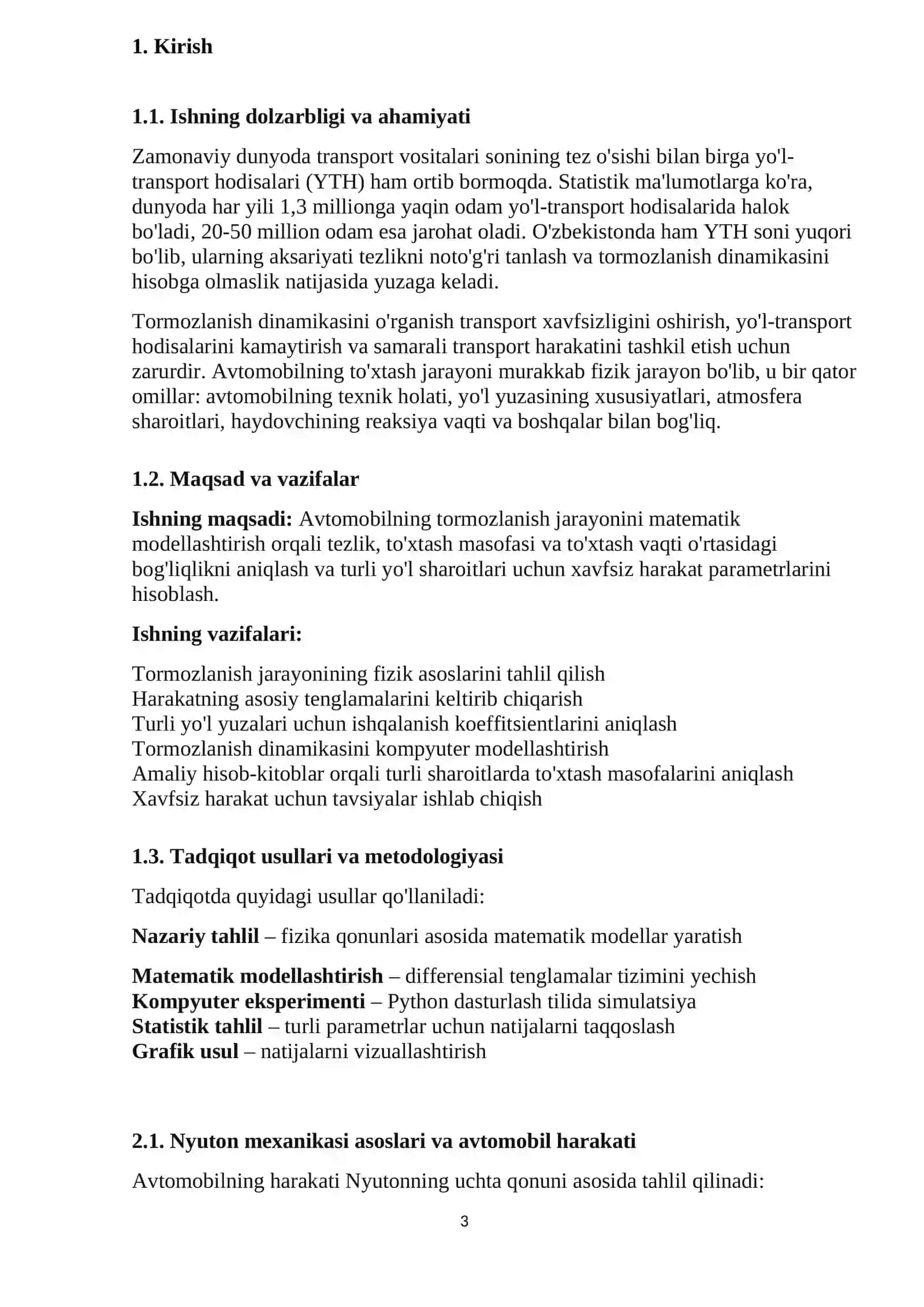 AVTOMOBILNING TORMOZLANISH DINAMIKASI: TEZLIK, YO‘L VA VAQT ORASIDAGI BOG‘LANISH MODELI 3