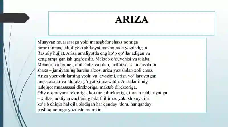ARIZA, BAYONNOMA VA BAYONNOMADAN KO'CHIRMA YUZASIDAN GURUHLARDA TAQDIMOT TAYYORLASH. BILDIRISHNOMA, DALOLATNOMA, VASIYATNOMA YUZASIDAN TAQDIMOT TAYYORLASH 3