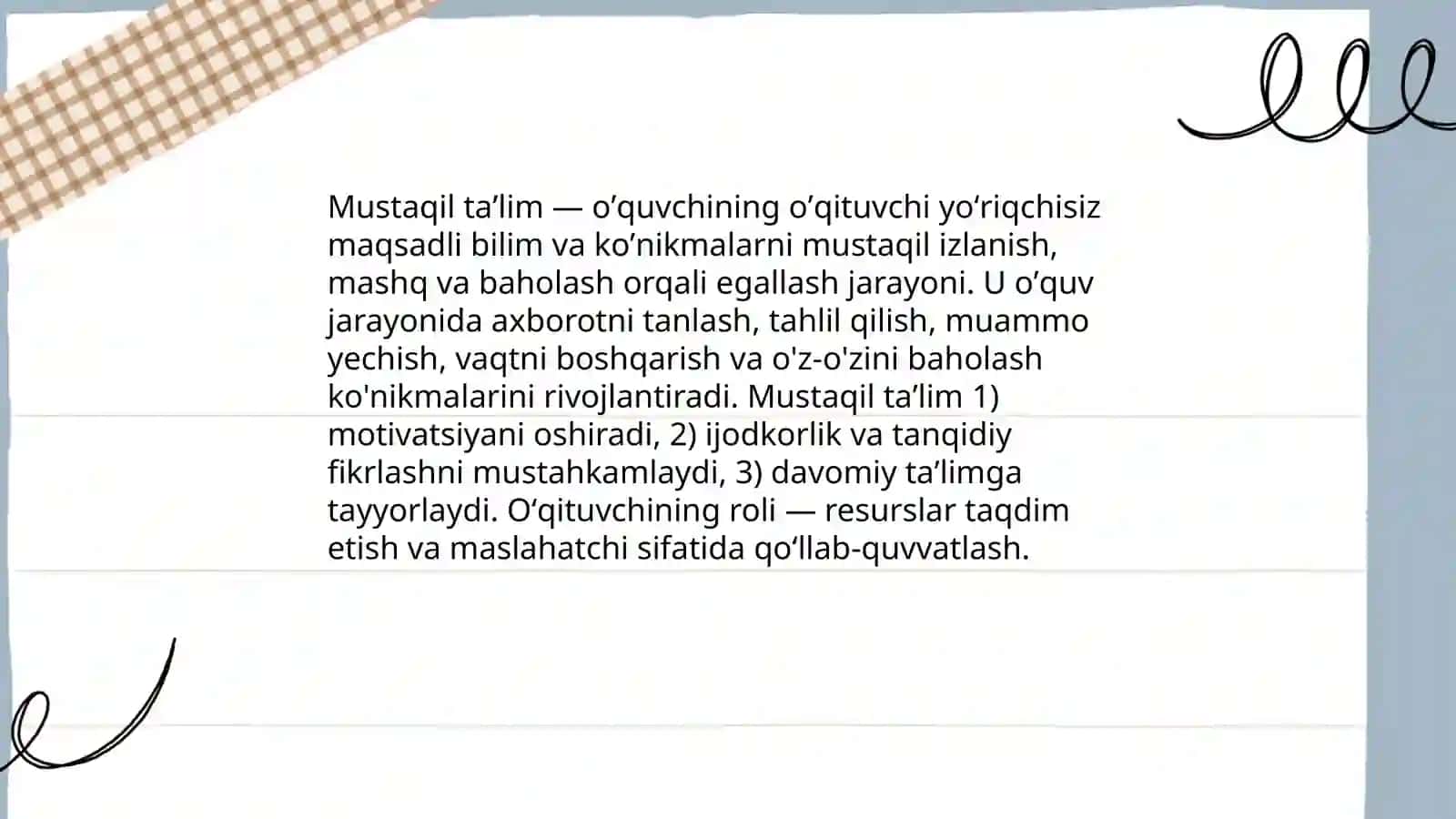 Oʻquvchilarni mustaqil ishlashga oʻrgatishning shakl va usullari, didaktik materiallardan foydalanish metodlari 3