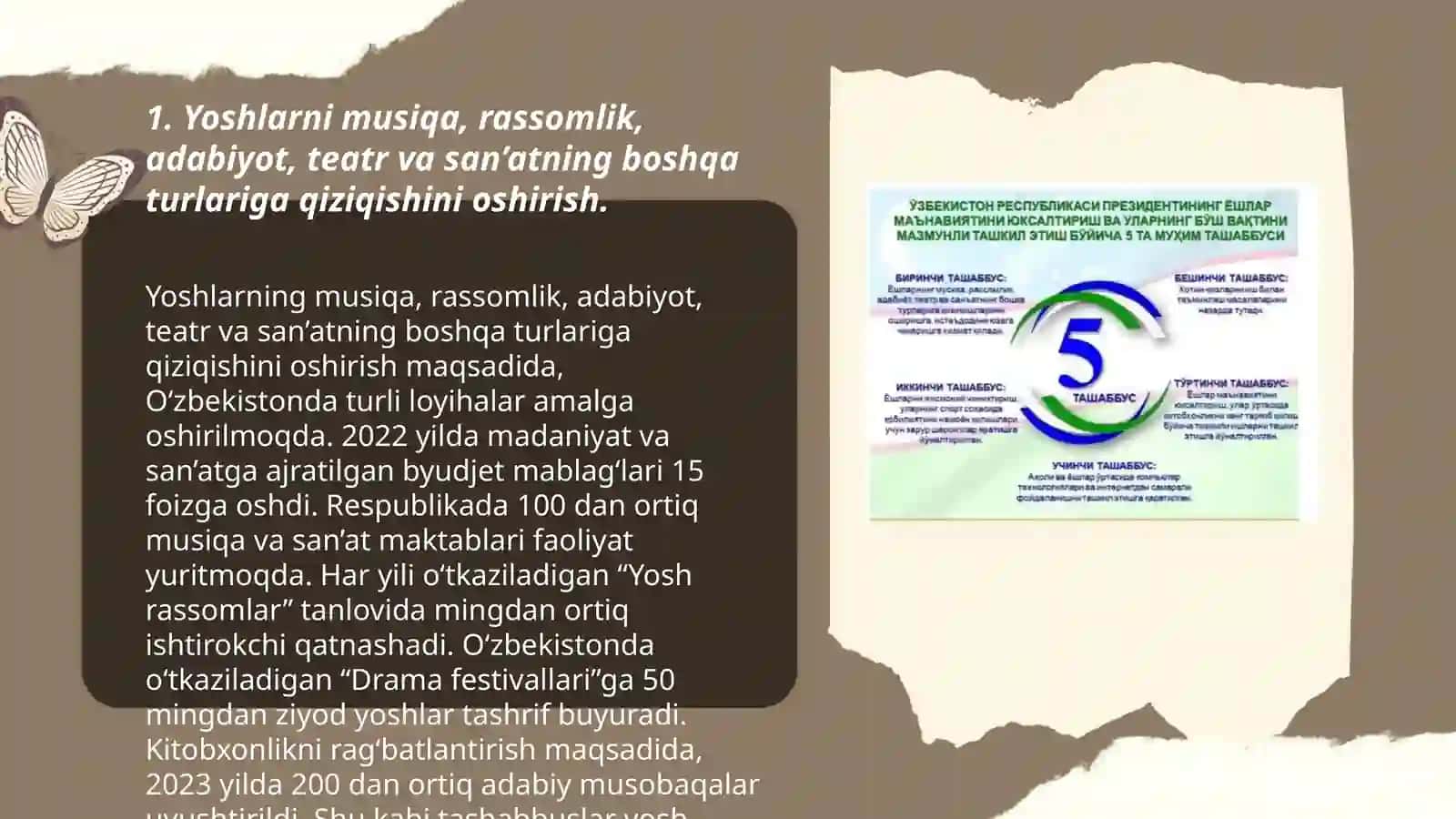 Yoshlarni musiqa, rassomlik, adabiyot, teatr va san’atning boshqa turlariga qiziqishini oshirish 3