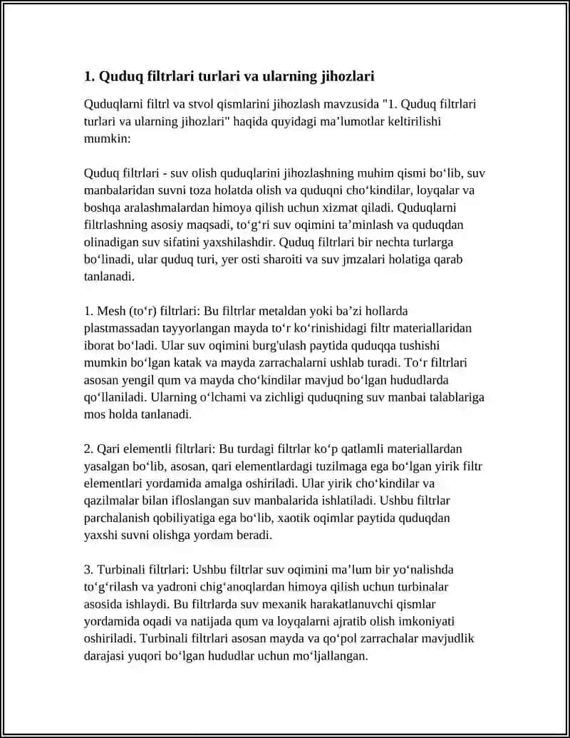 QUDUQLARNI FILTRL VA STVOL QISMLARINI JIHOZLARI 3