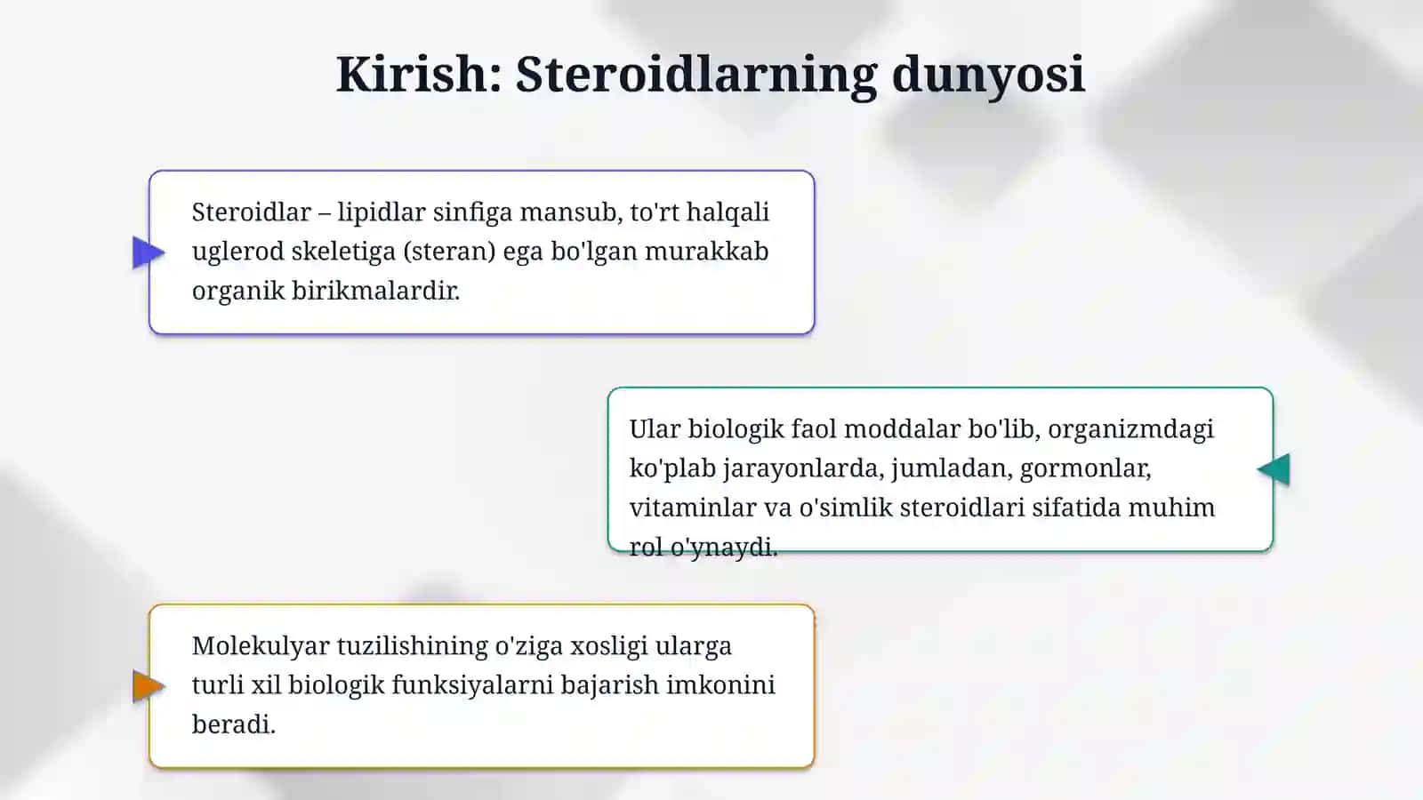 Steroidlar kimyosi, hamda ular ishtirokidagi muhim biologik jarayonlar. 3