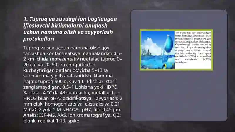 tuproq suvning ifloslanishi ion boğlanishli brikmalarini aniqlab ulardan tozalash ğoyasini ishlab chiqish 3