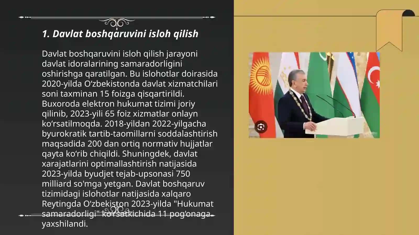 Yangi O'zbekistonda Prezident Sh. M. Mirziyoyev raxbarligi va tashabbusi ostida amalga oshirilayotgan islohotlar 3