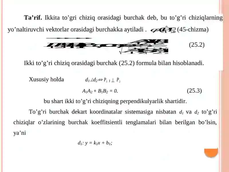 To`g`riburchaklide kart koordinata sistemasida to`g`ri chiziq va ubilan bog`liq metrik masalalar 3