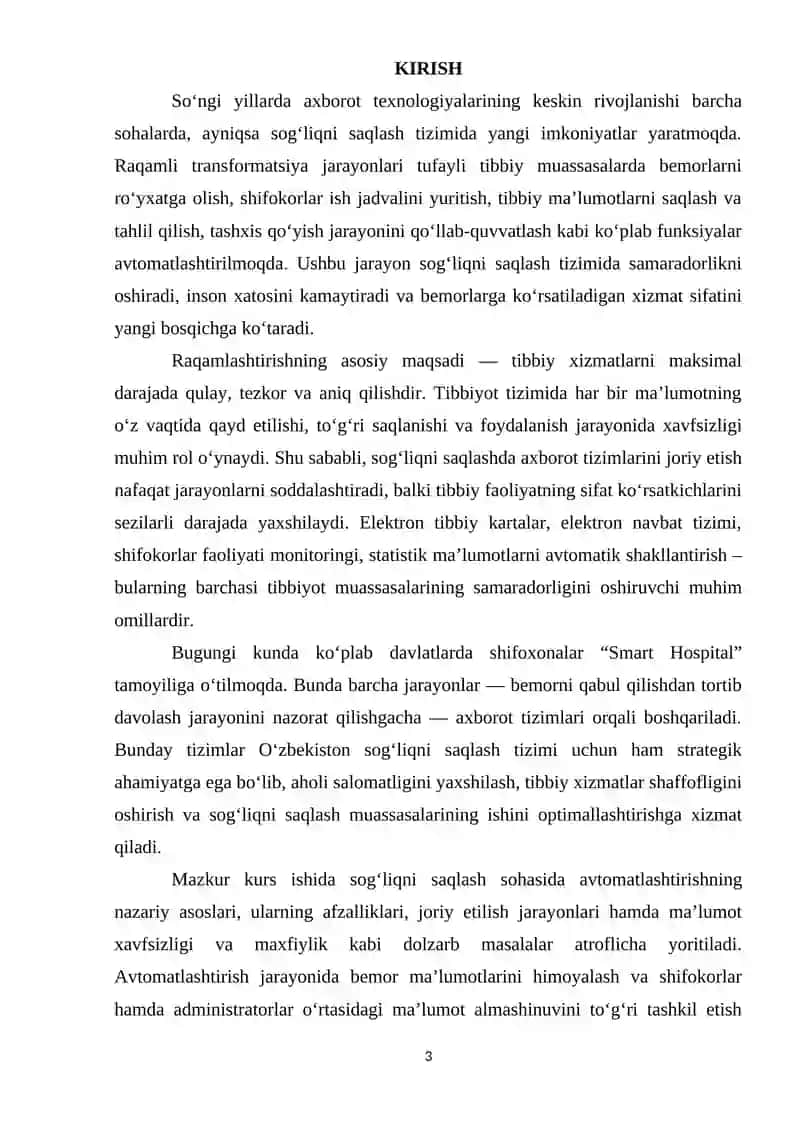 Tibbiy xaizmatlarni boshqarish va bemor monitoringi tizimi yaratish mavzusida 3