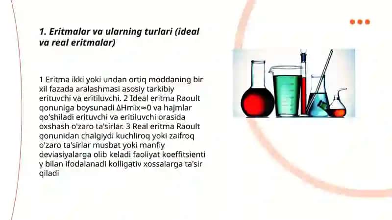 Eritmalar. Eritmalarning kolligativ hossalari. Titrimetrik tahlil asoslari. 3