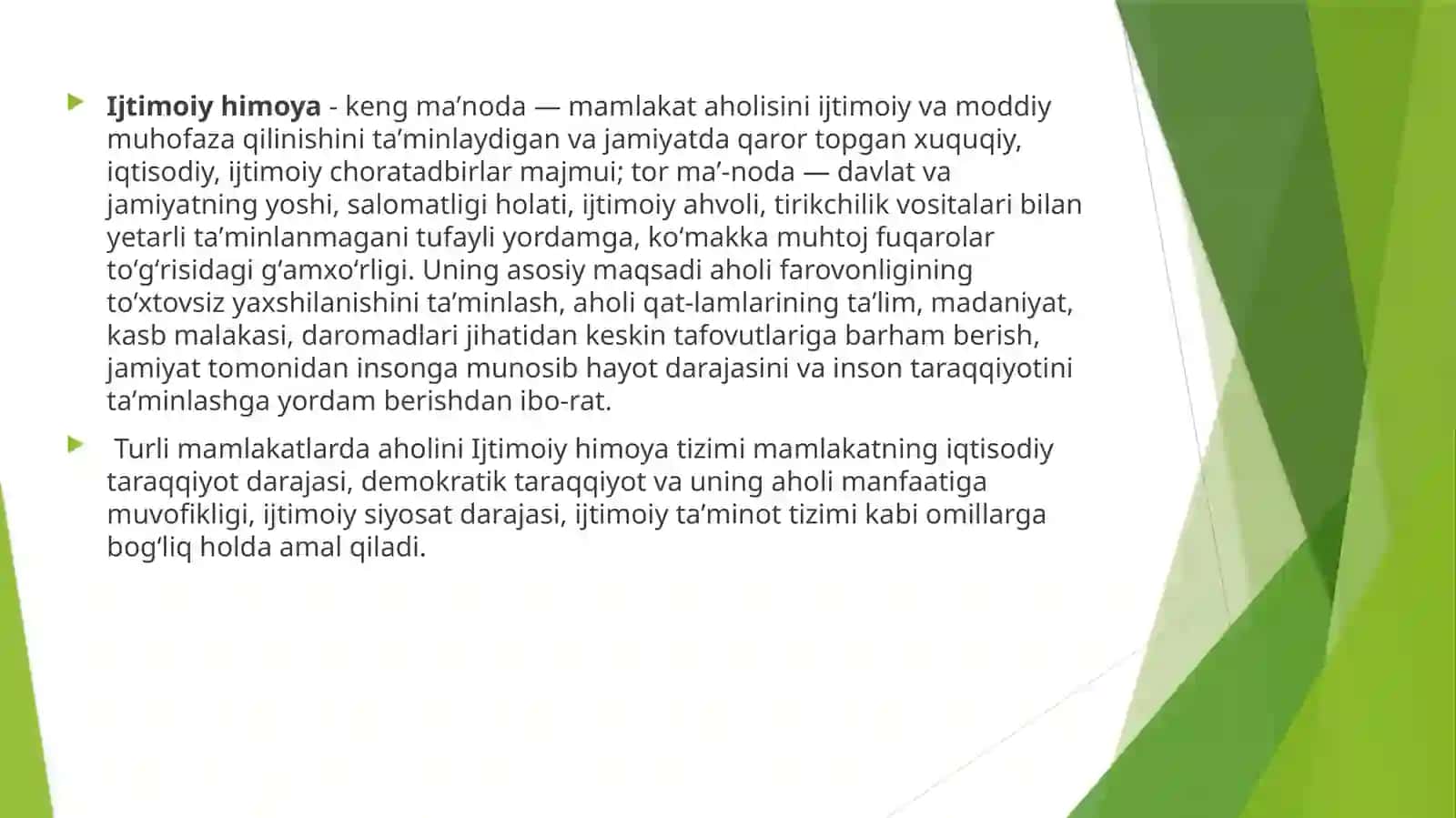 Aholini ijtimoiy himoya qilish tushunchasi, tamoyillari, yo’nalishlari 3
