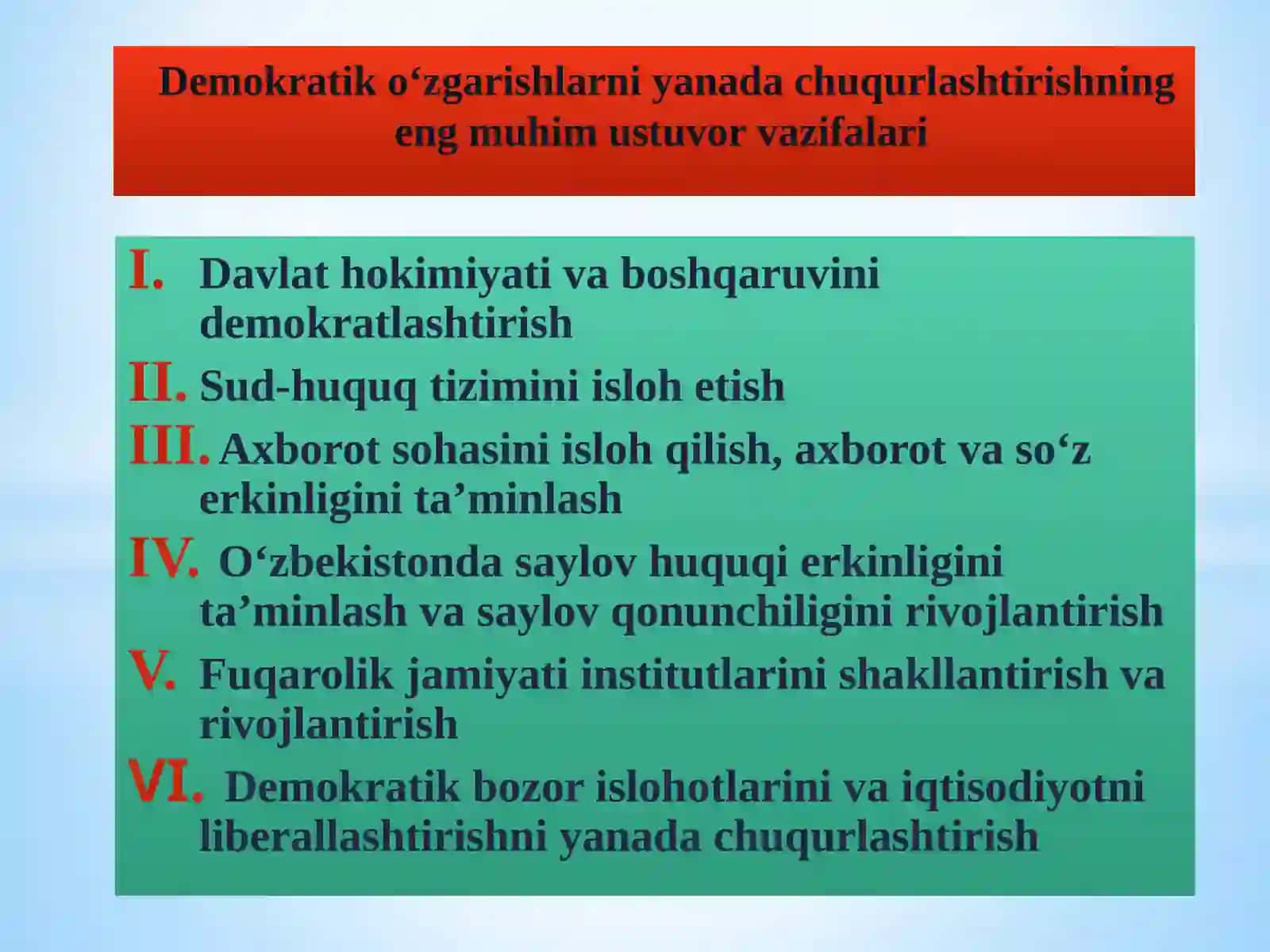 MAMLAKATIMIZDA DEMOKRATIK ISLOHOTLARNI YANADA CHUQURLASHTIRISH VA FUQAROLIK JAMIYATINI RIVOJLANTIRISH KONSEPSIYASI 3