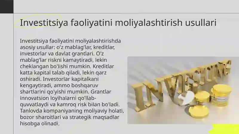 Investitsiya faoliyatini moliyalashtirish usullari 3
