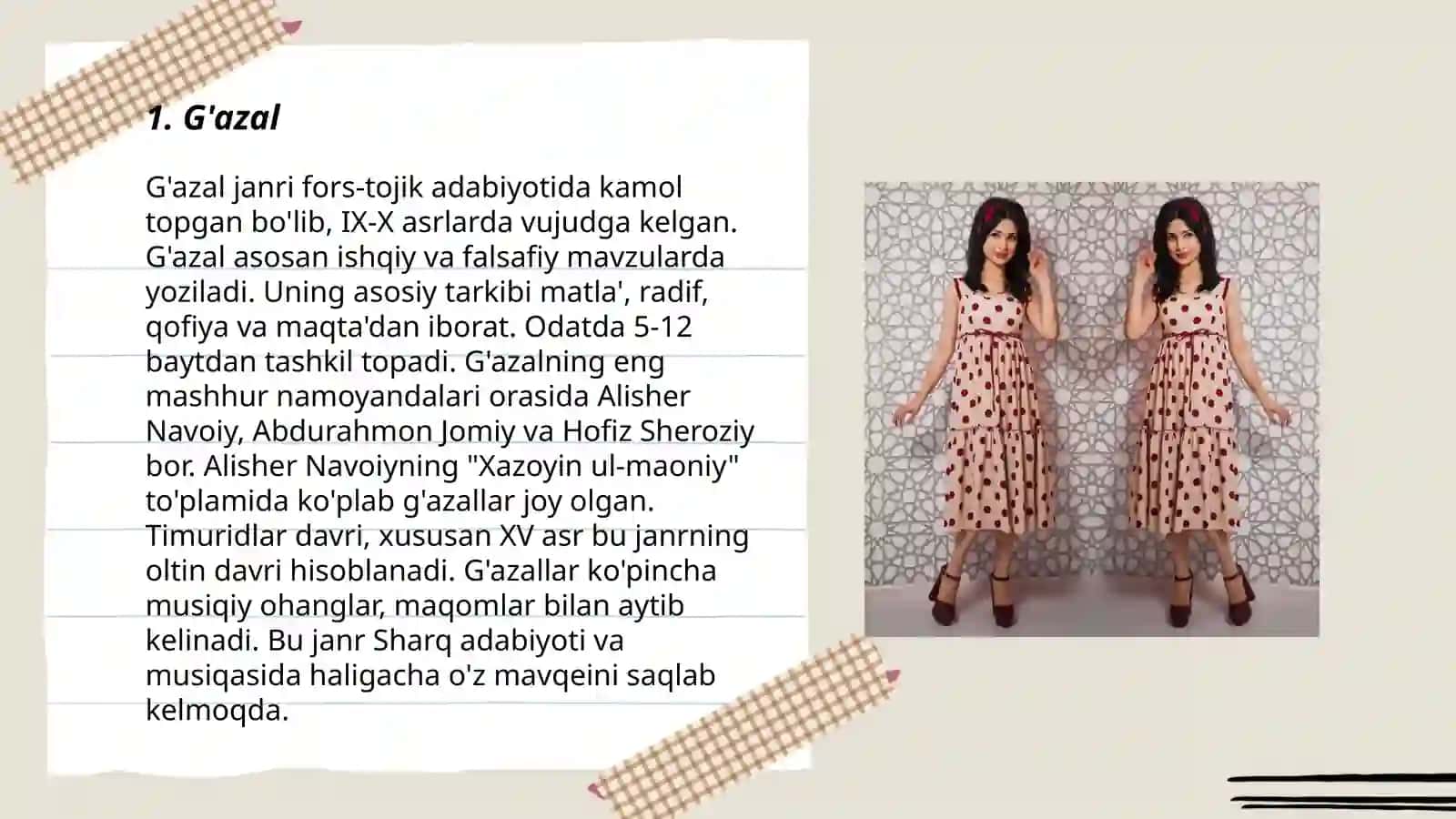 G'azal janri fors-tojik adabiyotida kamol topgan bo'lib, IX-X asrlarda vujudga kelgan 3