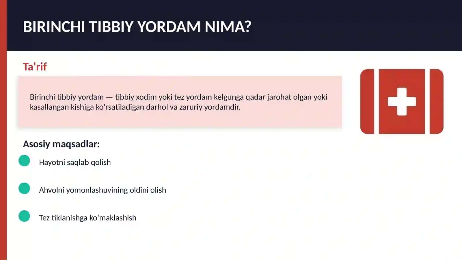 Jaroxatlanganlarga tibbiy yordam korsatishni usullari va qoyidalarini o'rganish. 3
