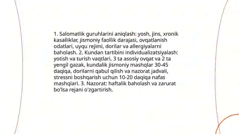 Salomatlik guruhlariga kiruvchi shaxslarga kun tartibini tuzish 3