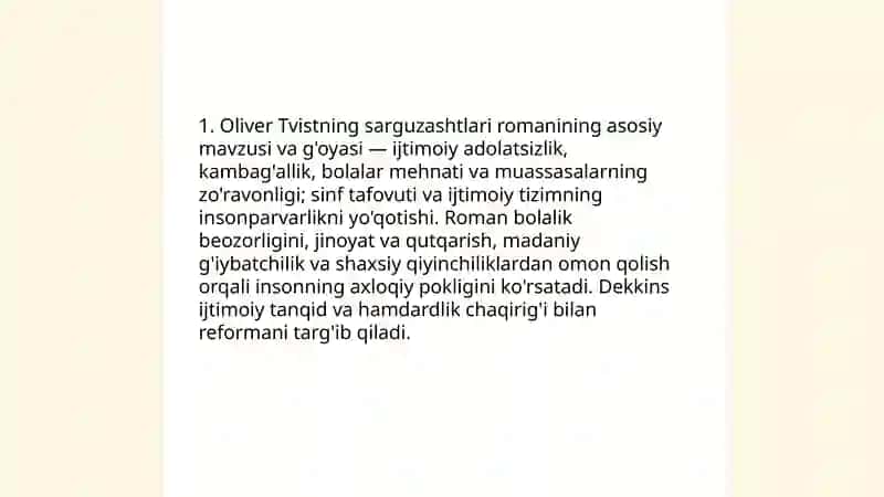 "Oliver Tvistning sarguzashtlari" romanining asosiy mavzusi va g'oyasi 3