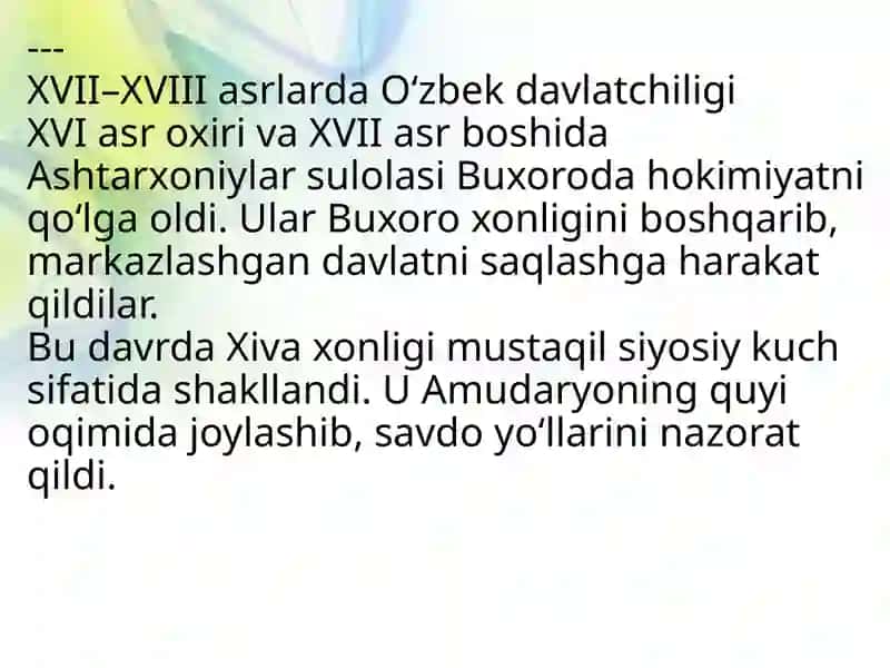 Oʻzbekistonning davlatchilik tarixi (XVII asrdan Yangi Oʻzbekiston davlatchiligigacha) 3