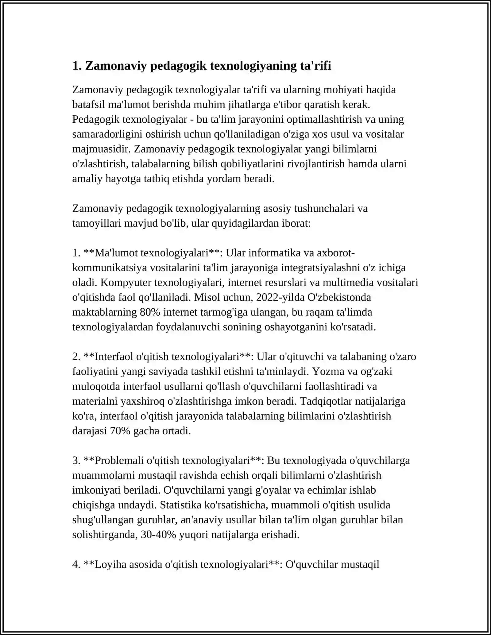 ZAMONAVIY PEDAGOGIK TEXNOLOGIYA TUSHUNCHASI, TURLARI VA UNIG TA'LIM TIZIMIDAGI AHAMIYATI 3