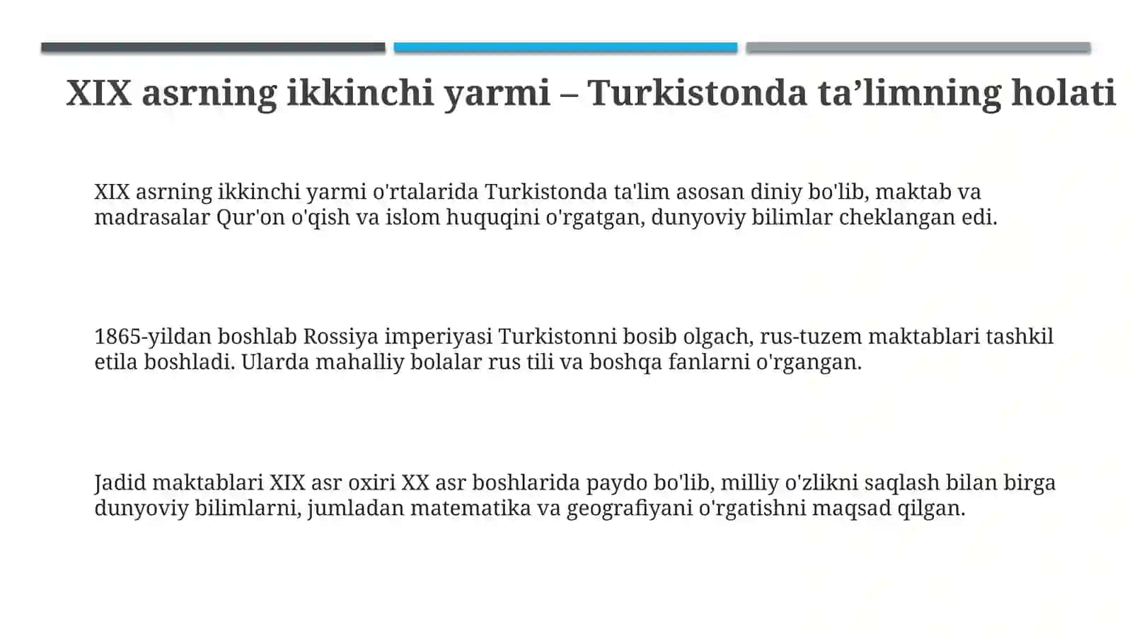 XIX asr 2- yarmi 1 choragida Turkiston oʻlkasida tarbiya maktab va pedagaog fikirlari 3