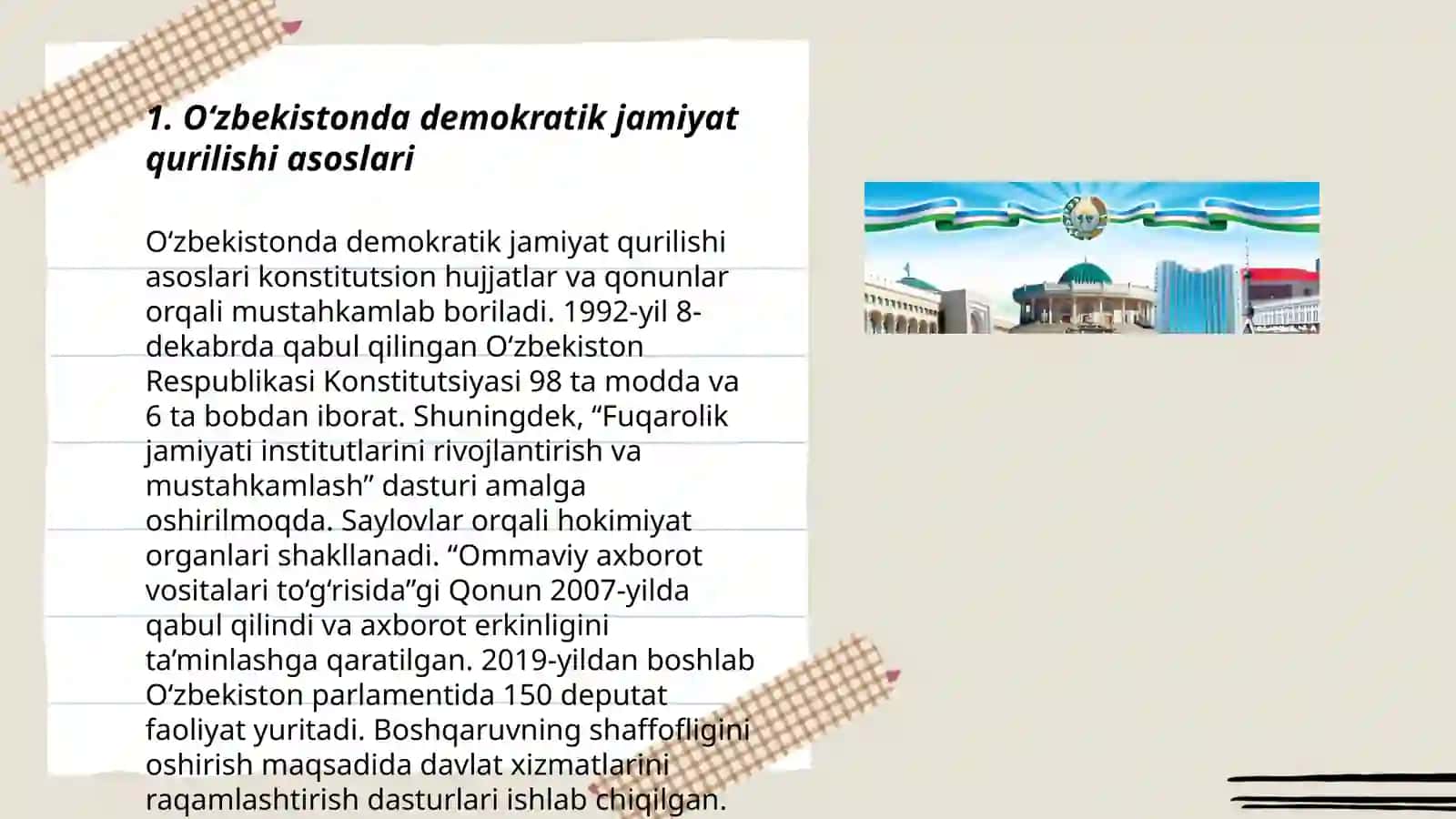 Oʻzbekistonda demokratik, fuqarolik jamiyati asoslarining shakllantirilishi, amalga oshirilayotgan siyosiy islohotlar 3