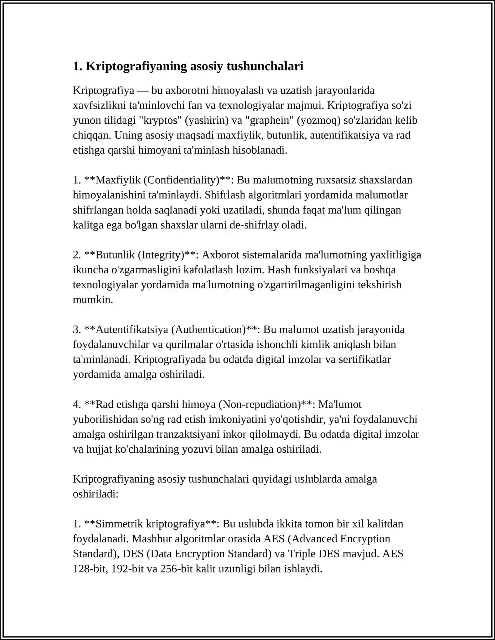 KIPTOGRAFIYA TAMOYILLARI:SIMMETRIK KALIT VA OCHIQ KALIT.RSA ALGARITMI.RAQAMLI IMZOL 3