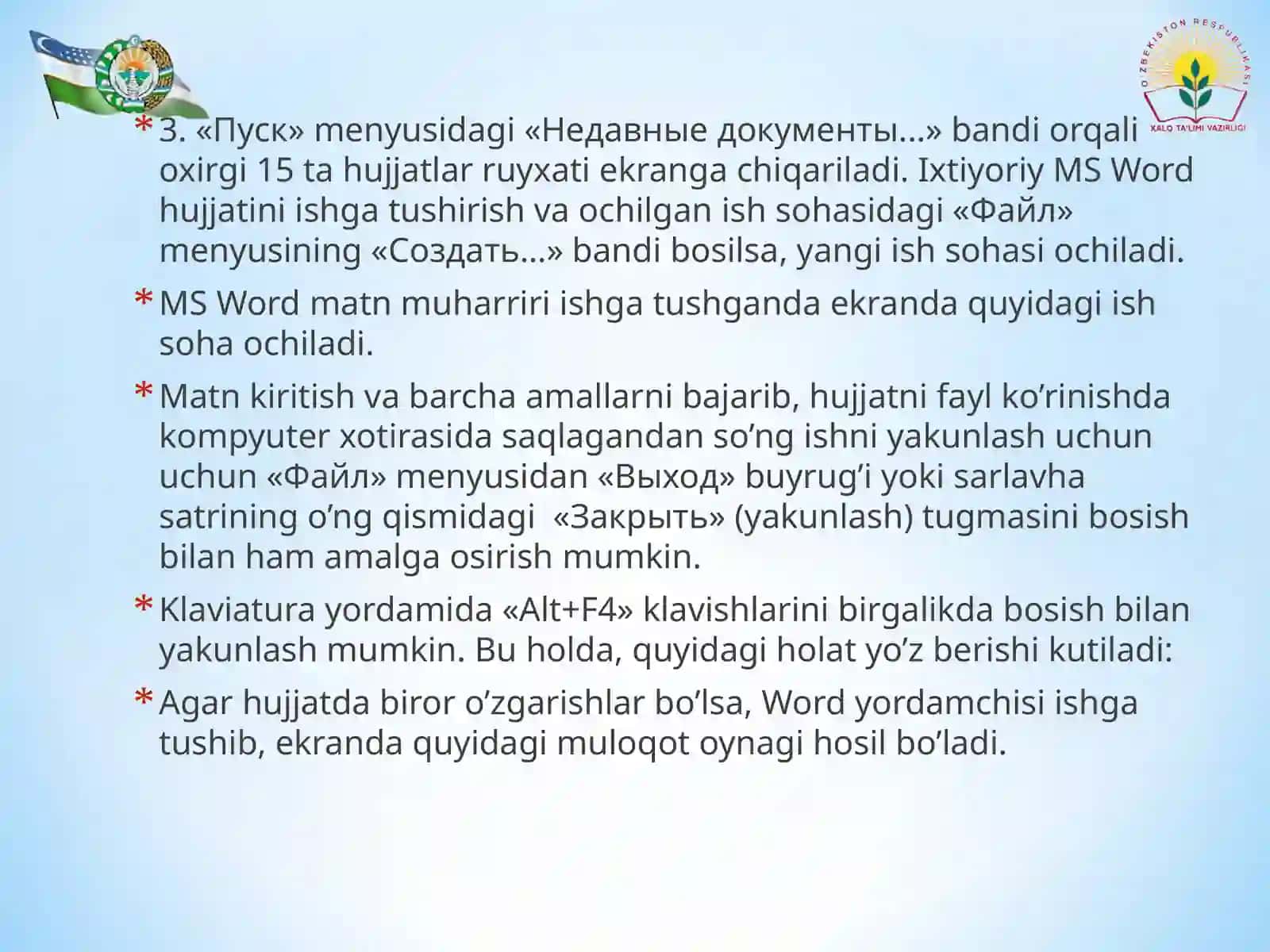MS Word muharriri, uning oynalari, menyulari, chizg’ichlari va ish sohasi haqida ma’lumot 3
