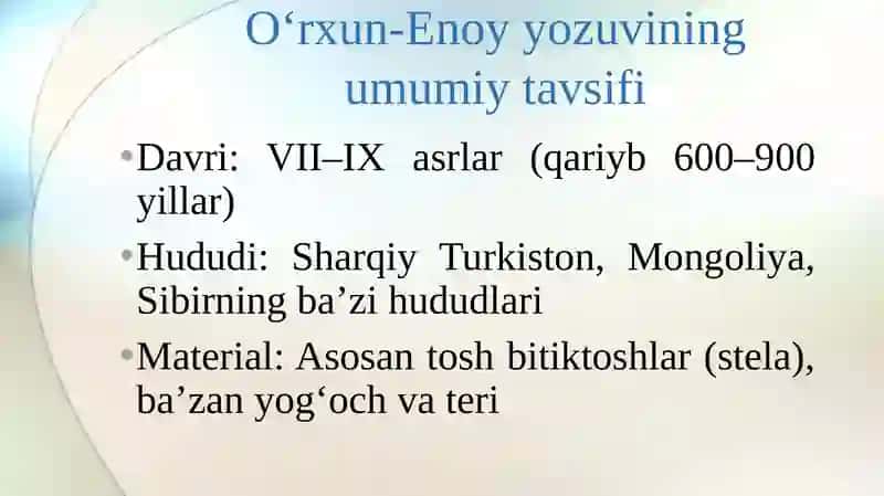 Oʻrxun-Enjoy yozuvi bitiktoshlarining har biri ustida  alohida-alohida maxsus kuzatish olib borish;matnning asli,transkripsiyasi,mazmunini muqoyasa qilish. 3