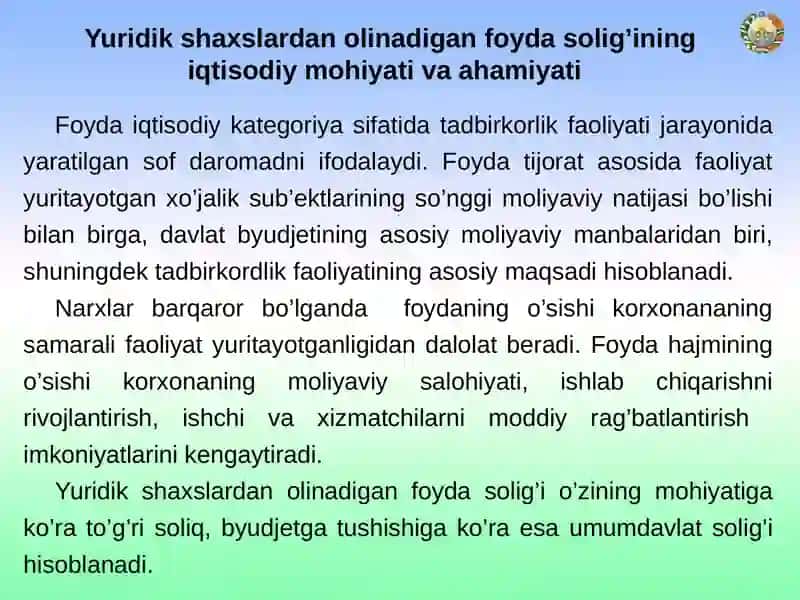 Yuridik shaxslardanolinadiganfoyda solig’ining iqtisodiy mohiyati va ahamiyati 3
