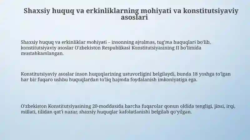 Shaxsiy huquq va erkinliklarning mohiyati va konstitutsiyaviy asoslari 3