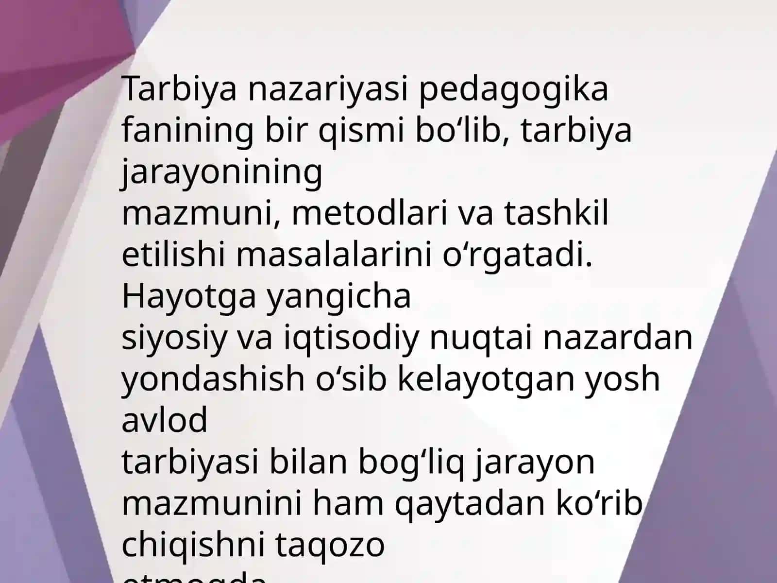 Tarbiya jarayonining mohiyati va mazmuni.Tarbiya qonuniyatlari va tamoyillari. Jamoa tarbiya obyekti va subyekti sifatida. Tarbiyaning umumiy metodlari 3