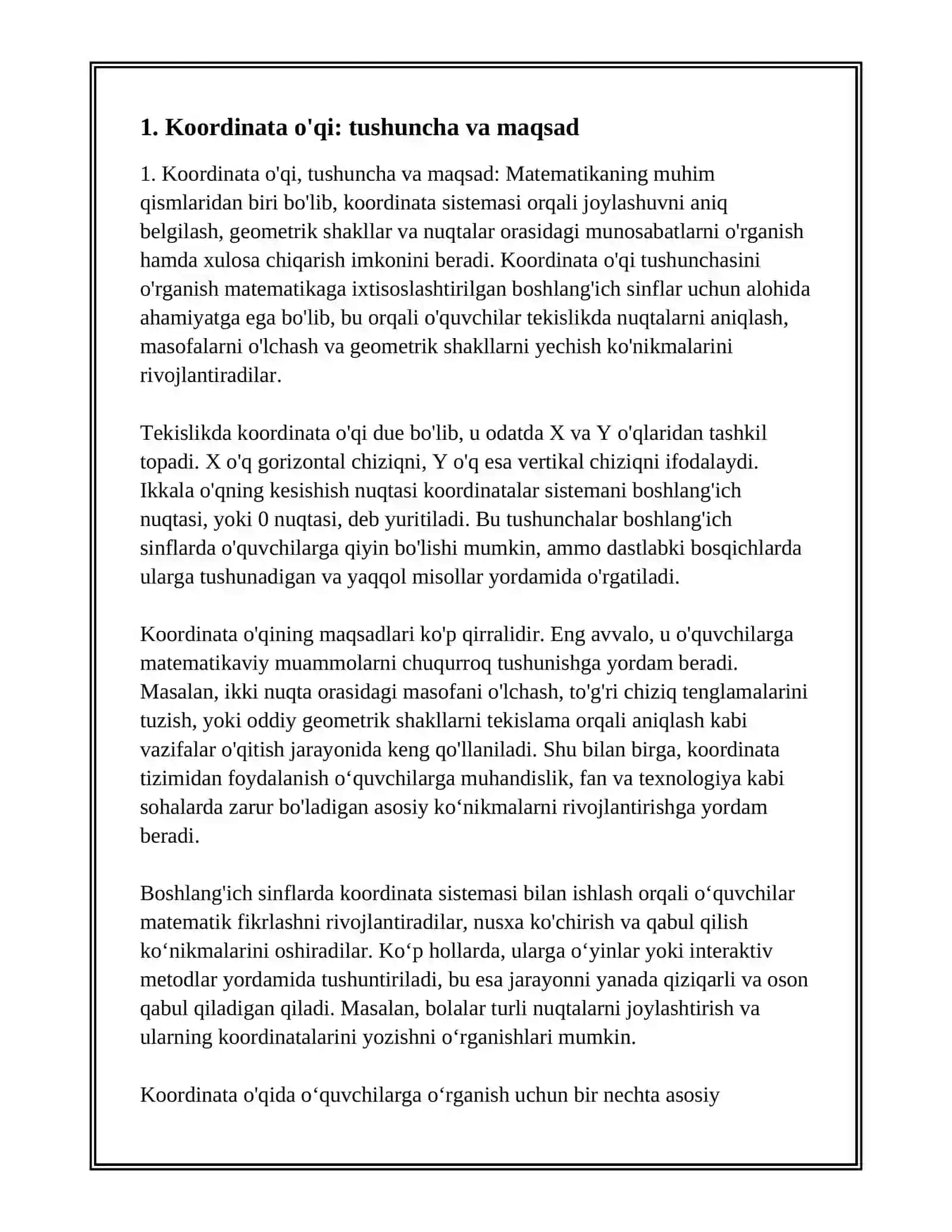 MATEMATIKAGA IXTISOSLASHTIRILGAN BOSHLANG'ICH SINFLARDA TEKISLIKDAGI KOORDINATA OʻQI 3
