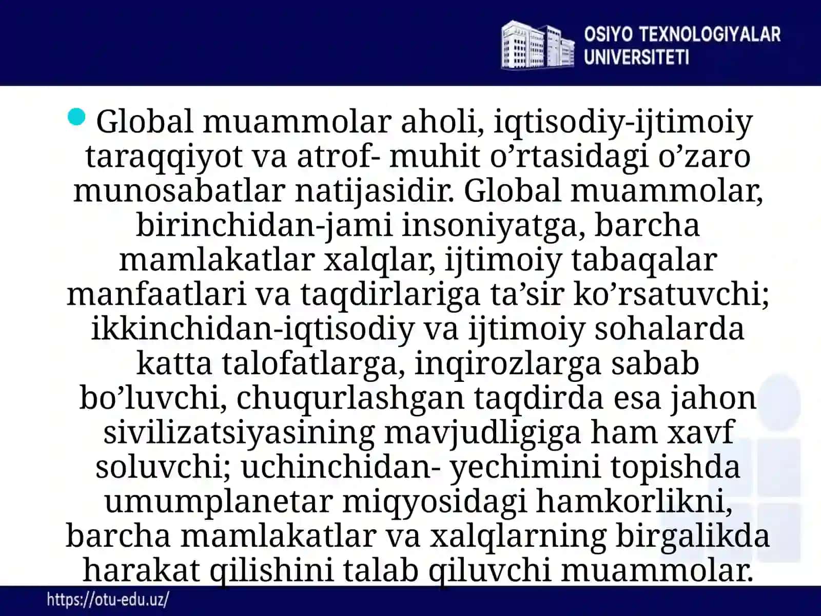 Global muammolar. Globalmuammolarning belgilari. Globalmuammolarning guruhlanishi 3
