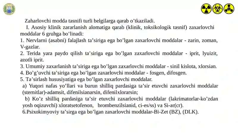 KIMYOVIY QUROL. KIMYOVIY ZАRАRLАNISH О’CHОG’I. KIMYOVIY VAZIYATNI BAHOLASH. 3