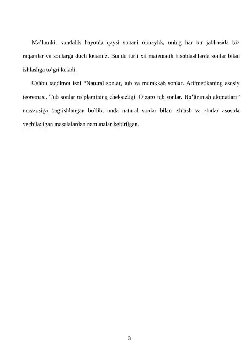 Natural sonlar, tub va murakkab sonlar. Arifmetikaning asosiy teoremasi. 3